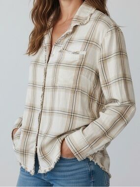 Soft Surroundings Beige Plaid Button-Down Shirt